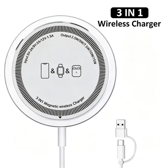 Magnetic Wireless Charger,Wireless Charging Pad 15W Fast Charging 3in1 Compatible for iPhone 17 16 15 14 13 12 Pro Max&AirPods&iWatch,White