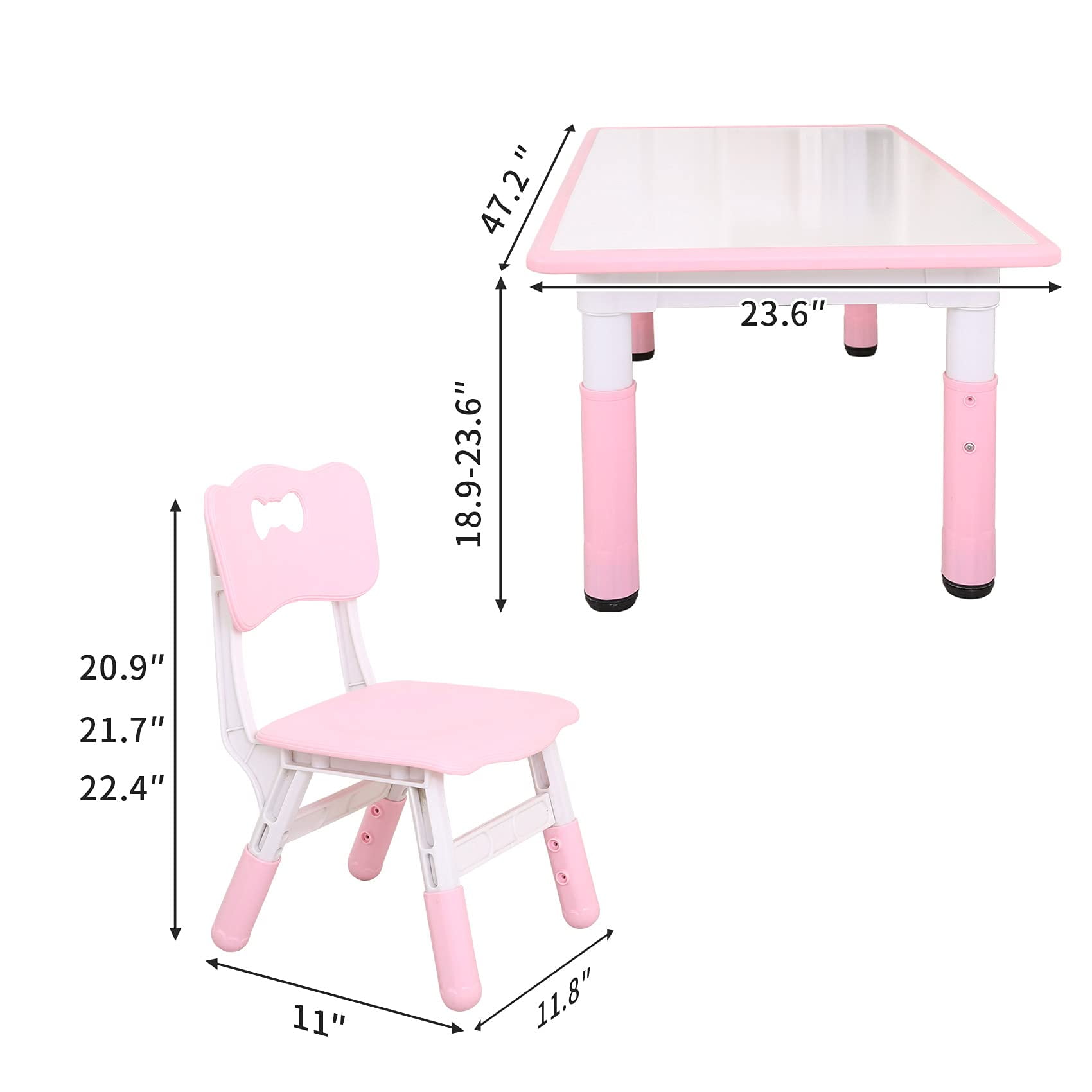UNICOO® - Kids Study Table and Chairs Set, Height Adjustable Plastic Children Art Desk with 4 Seats, Kids Multi Activity Table Set (White Top + Pink Border)