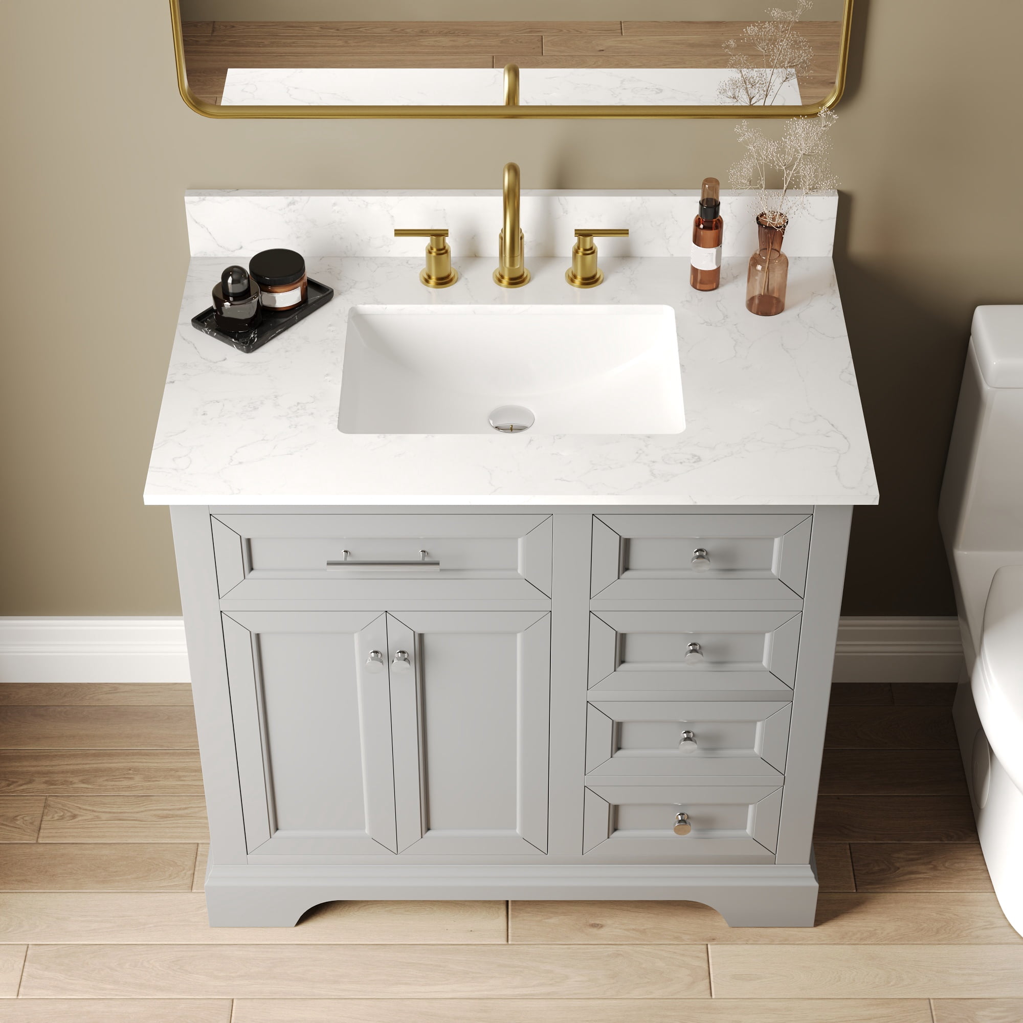 36 in. Single Sink Freestanding Light Gray Wood Bath Vanity with White Engineered Marble Top (Assembled)