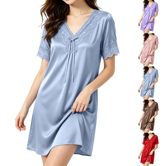 Lightweight Nightgowns for Women Zaewscy Women's Casual Home-style Lace-trimmed V-neck Elegant Short-sleeved V-neck Dress Gray L