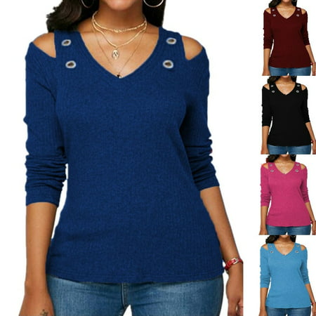 Women's Casual V-neck Off Shoulder Long Sleeve Shirt