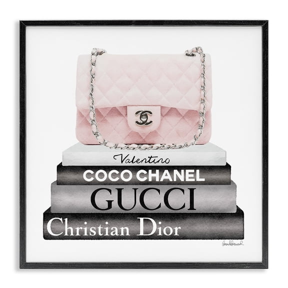 Stupell Industries Contemporary Pink Quilted Purse on Modern Chic Bookstack Black Framed Giclee Art, 12 x 12, by Amanda Greenwood