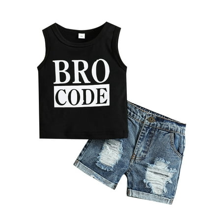 

Qtinghua Infant Toddler Baby Boys Summer Clothes Letter Print Sleeveless Vest Tops+Denim Shorts Set Black 6-12 Months