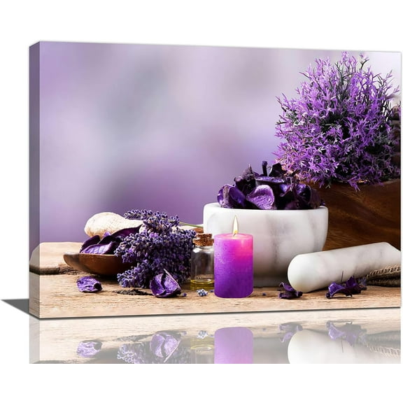 Purple Zen Wall Art Spa Bathroom Decor Canvas Prints Lavender Candles Stone Painting Pictures Wall Decor Framed Modern Artwork Decor for Bathroom Living Room 12"x16"