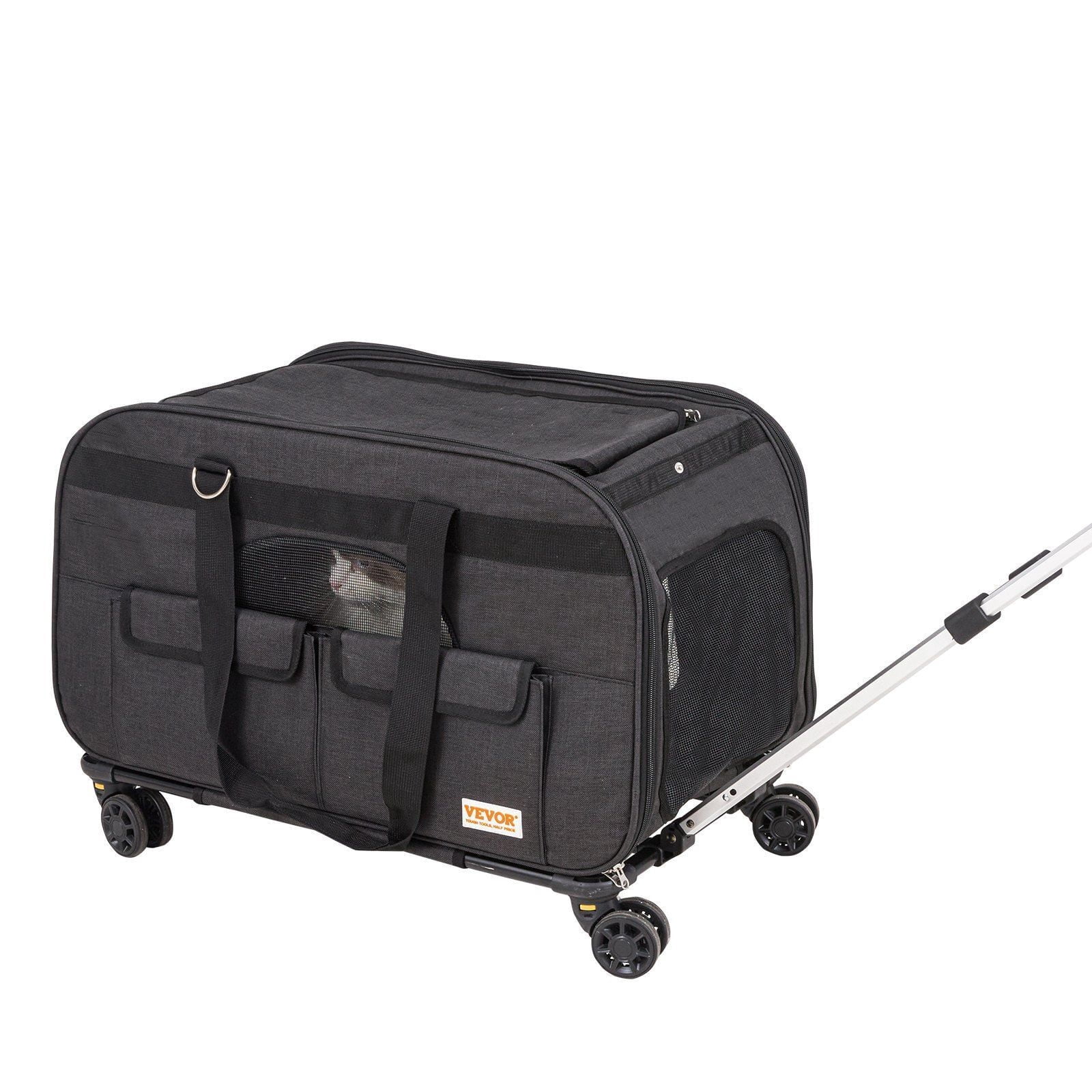 Rolling Pet Carrier with Wheels & Telescopic Handle - Cat/Dog Travel Carrier for Pets Under 35 lbs, Includes Foldable Bowl & Shoulder Strap, Black (Ideal for Airplane, Car)