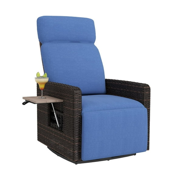 kinbor Outdoor Recliner Chair - High Back Patio 360° Swivel Chair with Flip Side Table, Removable Cushion & Footrest (Navy Blue)