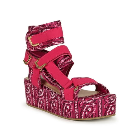 

Women s Bandana Print Elastic Hook and Loop Platform Wedge Sandal 20466