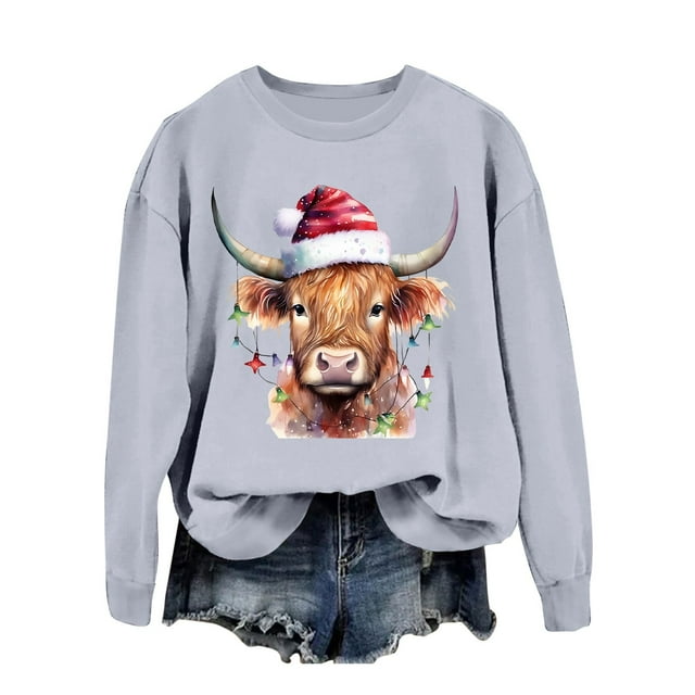 Chandail en Molleton Décontracté à Manches Longues pour Femmes, Imprimé Vache Western de Noël