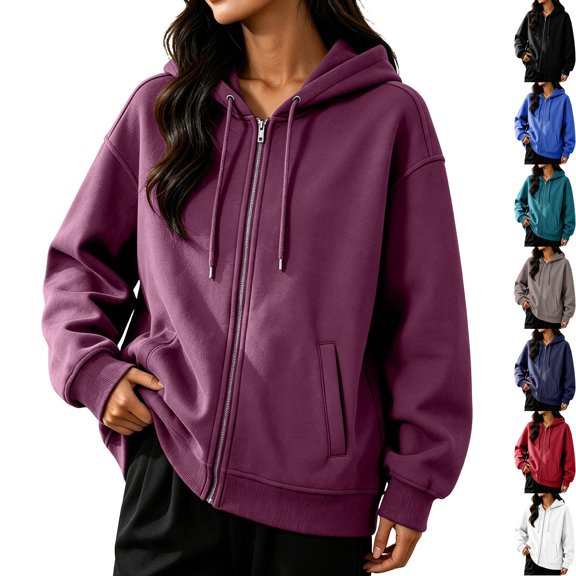 Womens Fleece Long Sleeve Zip Up Hoodie Sweatshirt Casual Oversized Track Jacket with Pockets Drawstring Cozy Slouchy Loungewear Travel Fall, Purple, XL