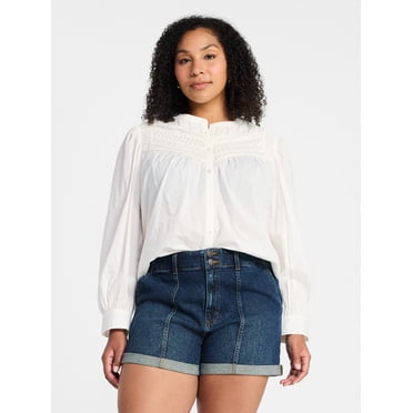Time and Tru Women's Textured Yoke Cotton Blouse with Long Puff Sleeves, Sizes XS-XXXL