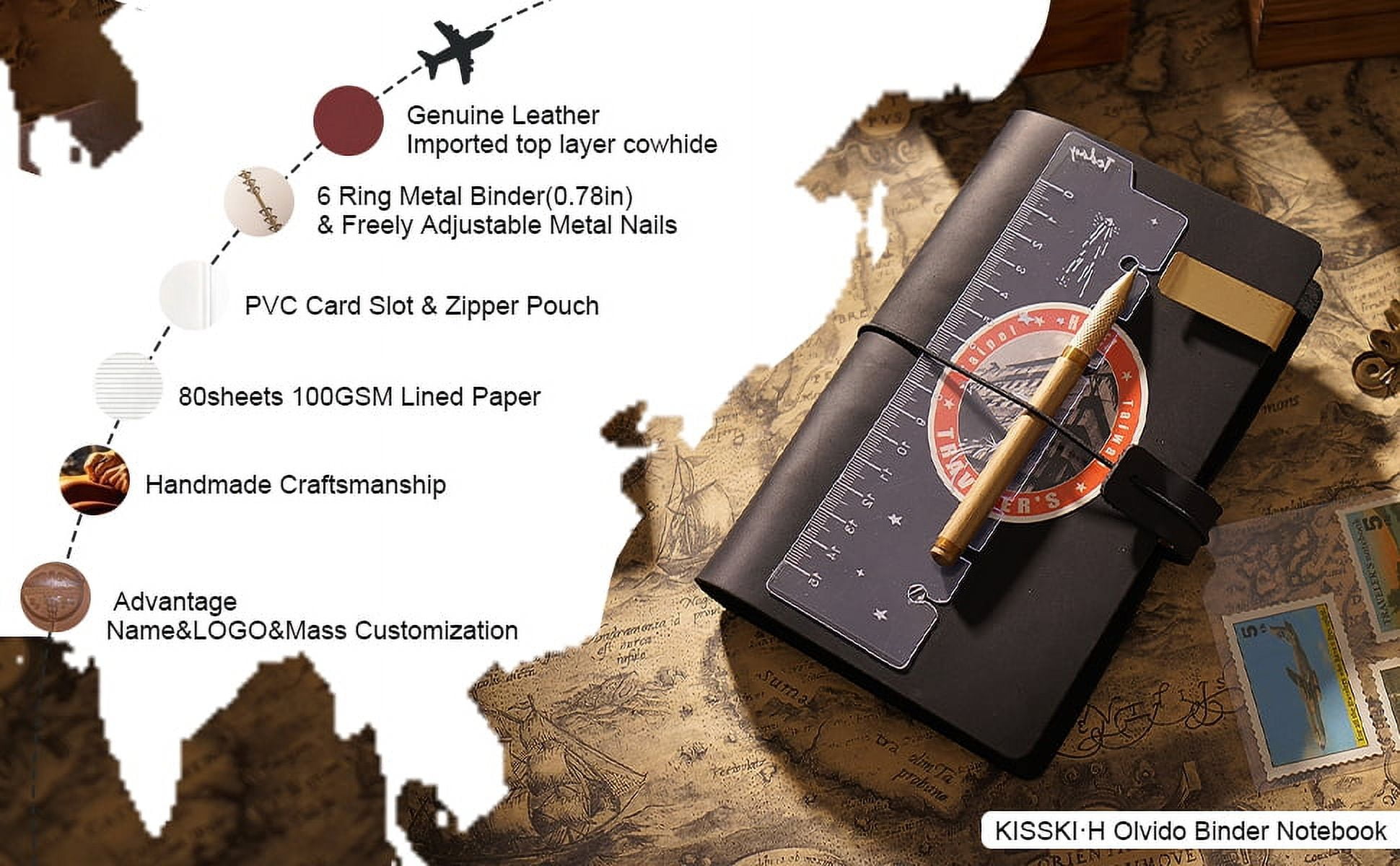 KISSKI·H Olvido A5 Leather Travelers Notebook, Refillable Writing Journal for Men/Women, 6 Ring Binder Notepad Holder with Lined, A5 Leather Cover, Handmade Diary Planner Organizer, 9x6.9in, Black