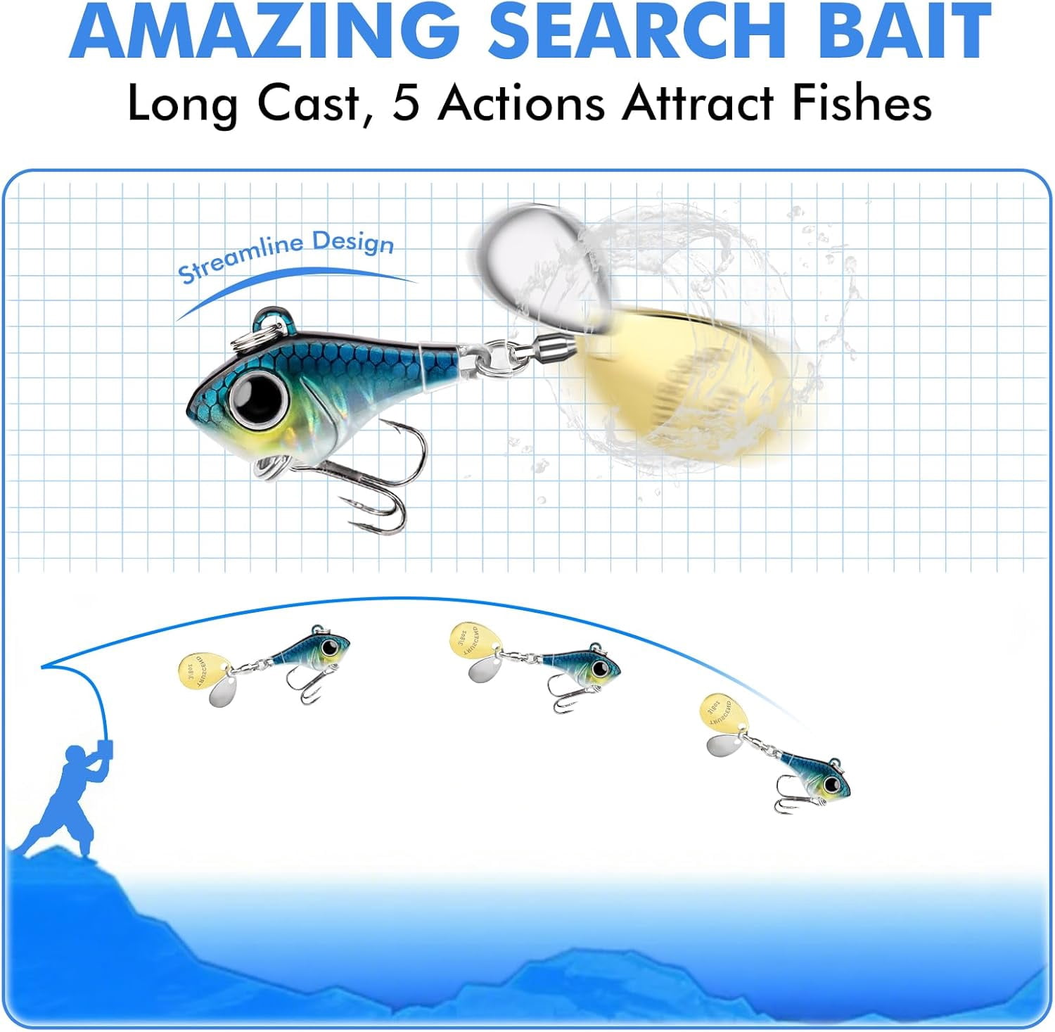 TRUSCEND Vibespinner Lures with BKK Hooks – Easy Catch: 4 Actions (Vibrate/Swim/Flash/Jig) for More Bites, Longer Cast Search Bait – Jigs for Bass, Crappie, Trout– Ideal for Family Fishing