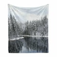 thumbnail image 1 of Woodland Soft Flannel Fleece Blanket, Lake Surrounded by Snow Covered Trees on a Cold Winter Day in Finland Reflections, Cozy Plush for Indoor and Outdoor Use, 50" x 70", White Brown, by Ambesonne, 1 of 5