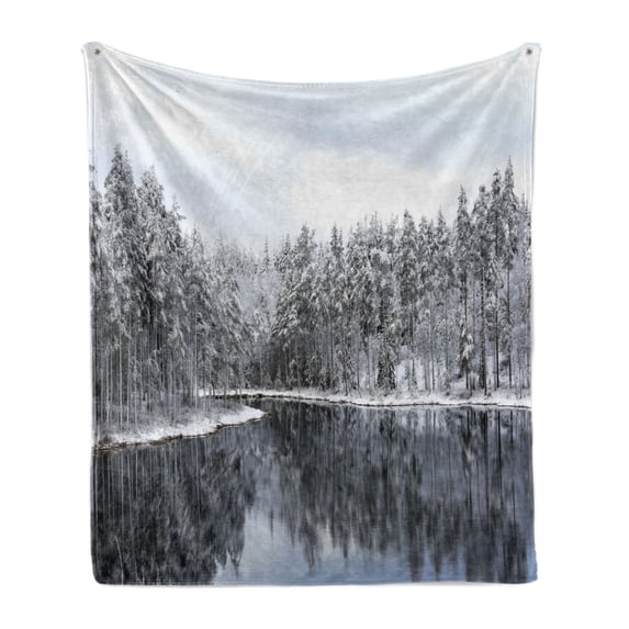 Woodland Soft Flannel Fleece Blanket, Lake Surrounded by Snow Covered Trees on a Cold Winter Day in Finland Reflections, Cozy Plush for Indoor and Outdoor Use, 50" x 70", White Brown, by Ambesonne