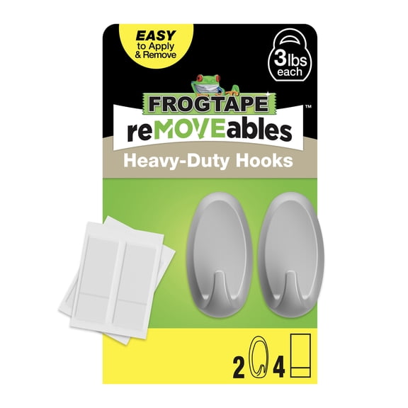 FrogTape reMOVEables Medium Brushed Nickel Heavy Duty Hooks, 2 Hooks and 4 Adhesive Strips