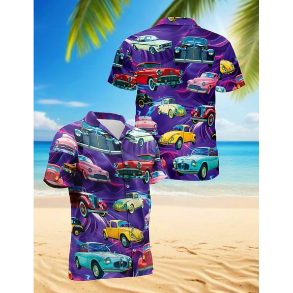 Hot Rod Hawaiian Shirt for Men, Vintage Style, Button Down Summer Beach Short Sleeve, S-5XL