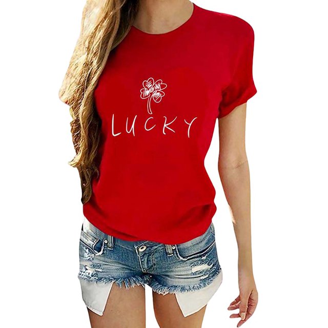 Innerwin Tee Short Sleeve Women Summer Tops Work Lucky Letter Comfy T Shirt Red M