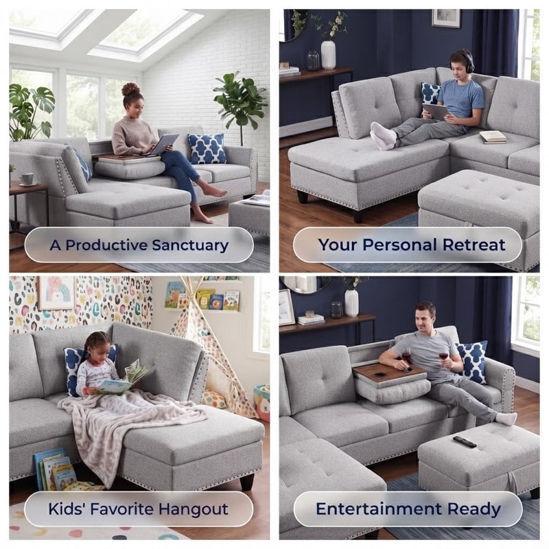 98" L-Shaped Sectional Sofa with Storage Ottoman, 4-Seat Linen Upholstered Modular Couch with Left Chaise, Drop-Down Backrest with Cup Holders, Nailhead Trim, 3-Piece Sofa Set for Living Room, Office