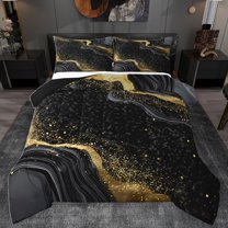 Homewish Marble Texture Road Queen Comforter Set,Chic Glitter Print Bedding Sets,Gold Black Bedding Comforter Set For Girls Kids,Super Cozy Room Decor Reversible,3-Piece