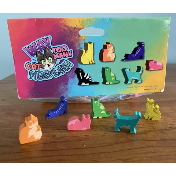 Way Too Many Cats: Meeples – 140 Wooden Cat Tokens for Board Games (7 Colors & Shapes)
