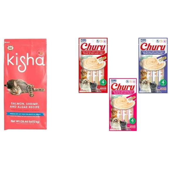 Paquete Comida para gato Kisha 12 kg + 1 bolsa de 4 tubos humedos churu premio 56 gr
