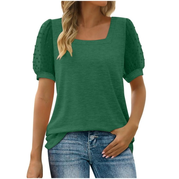 Scyoekwg Short Sleeve Shirts for Women Square Neck Puffed Sleeve Business Casual Blouses Loose Shirts Trendy Summer Solid Color Comfy Blouses (Army Green,XL)