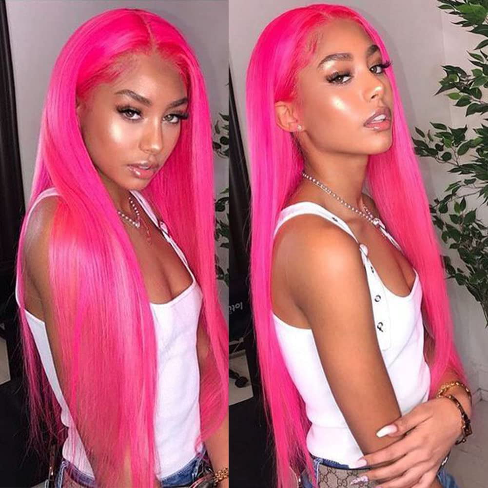 Hot Pink Lace Front Wig for Women Girls Long Silky Straight Middle Part  Synthetic Rose Red Lace Wig Heat Resistant Hair with Natural Hairline Pink  Wig for Daily Party Cosplay Wear |