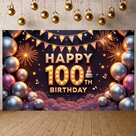 Golden Glowing Happy 100th Birthday Banner Sparkling Balloons 100th Birthday Backdrop Luxury Glittering Design 100th Birthday Background for 100th Birthday Party, Elderly Celebration, Family