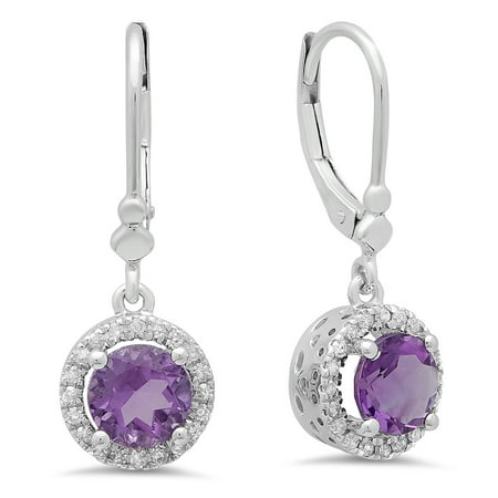 - Dazzlingrock Collection 14K Round Amethyst & White Diamond Ladies Halo Style Dangling Drop Earrings, White Gold