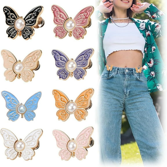8 Sets Pant Waist Tightener, Detachable Butterfly Jean Buttons Pant Waist Tightener for Loose Jeans, Adjustable Waist Buckle Sets No Sew and No Tools Decorative Waist Buckles, Jean Buttons Pins
