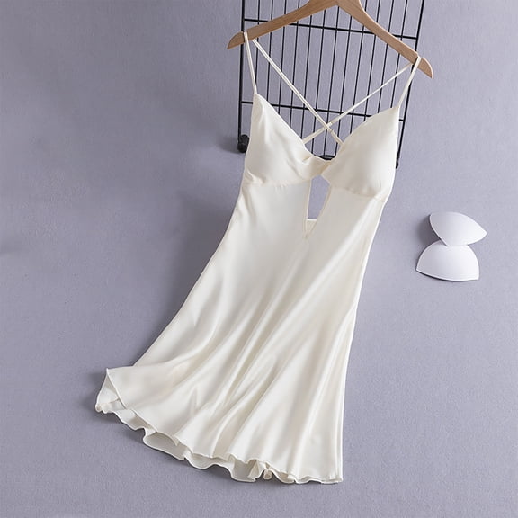 Voncos Satin Chemise for Women - Cross Back Sleeveless Midi Nightgown, Silky Sexy Sleepwear with Spaghetti Straps, Comfortable Loungewear Beige XL