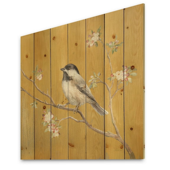 Designart 'Gold Bird Sitting on Blossoms IV' Farmhouse Print on Natural Pine Wood