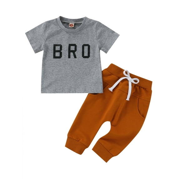 Franhais 2Pcs Little Boys Casual Outfit, Autumn Toddlers Letter Printing Short Sleeve Round Collar Tops + Solid Color Long Pants Set