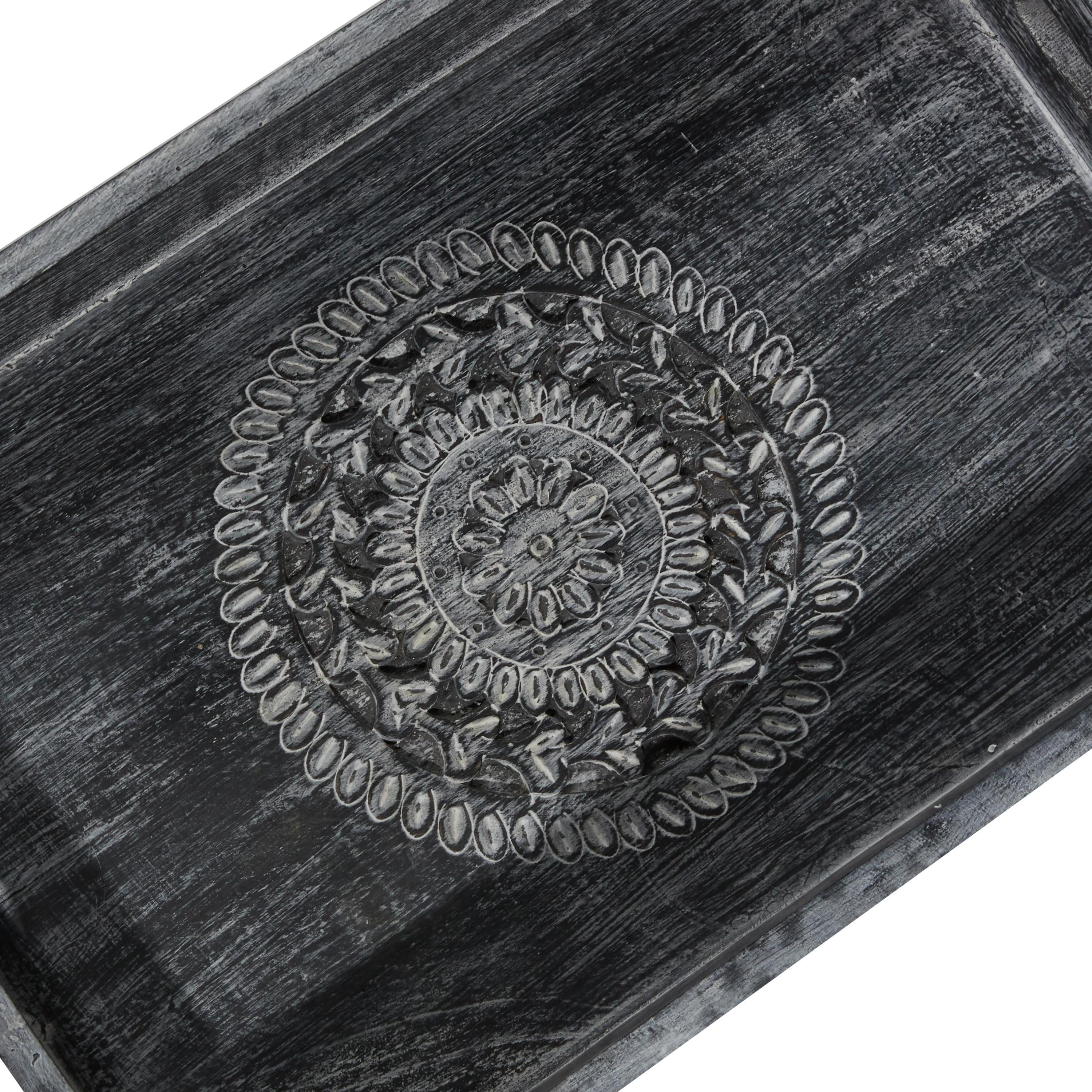 DecMode 12", 15", 18"W Black Wood Intricate Carved Floral Tray, 3-Pieces
