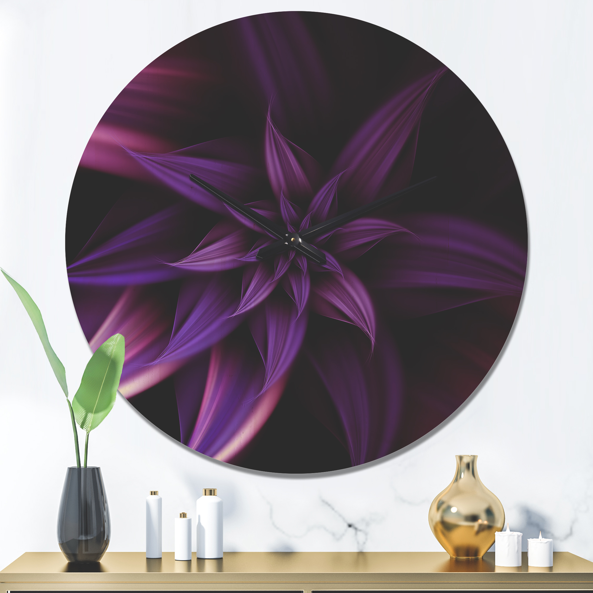 Designart 'Purple Fractal Flower' Modern Wood Wall Clock