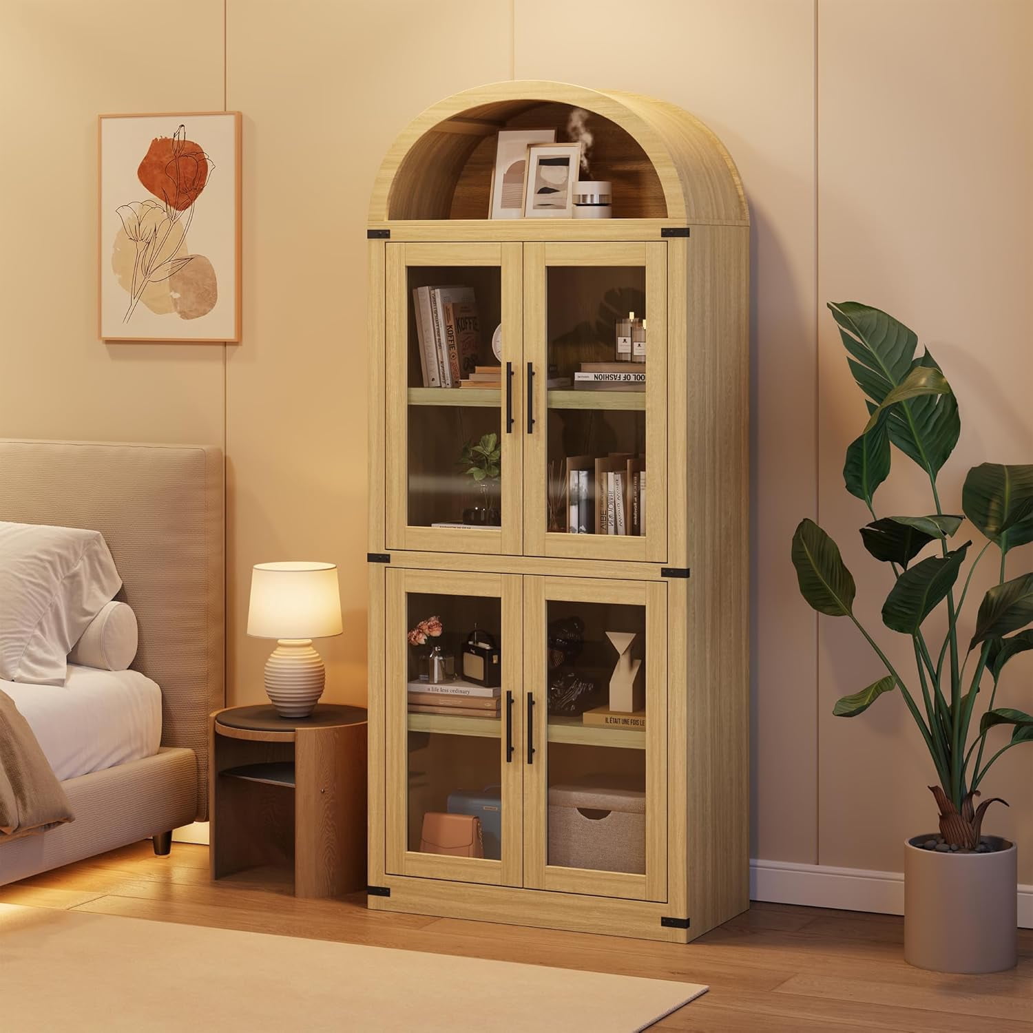 Memoryfield 72" Tall Arched Bookcase with Glass Doors, 5 Tier Display Bookshelf Storage Cabinet, Modern Floor Standing Organizer for Home Office Living Room, Natural