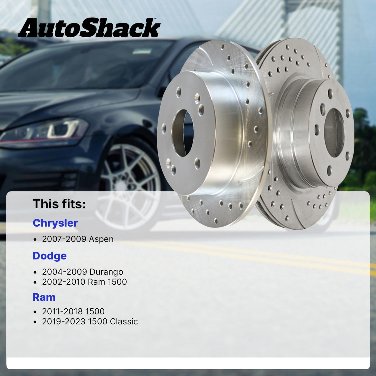 AutoShack Front & Rear Brake Rotors for Ram & Dodge, 1500 2011-2018 Ram 1500 2002-2010, 4WD RWD V6 3.0L 3.6L 3.7L V8 4.7L 5.7L 5.9L - Silver Zinc Coated Drilled & Slotted - SilverShield Pro