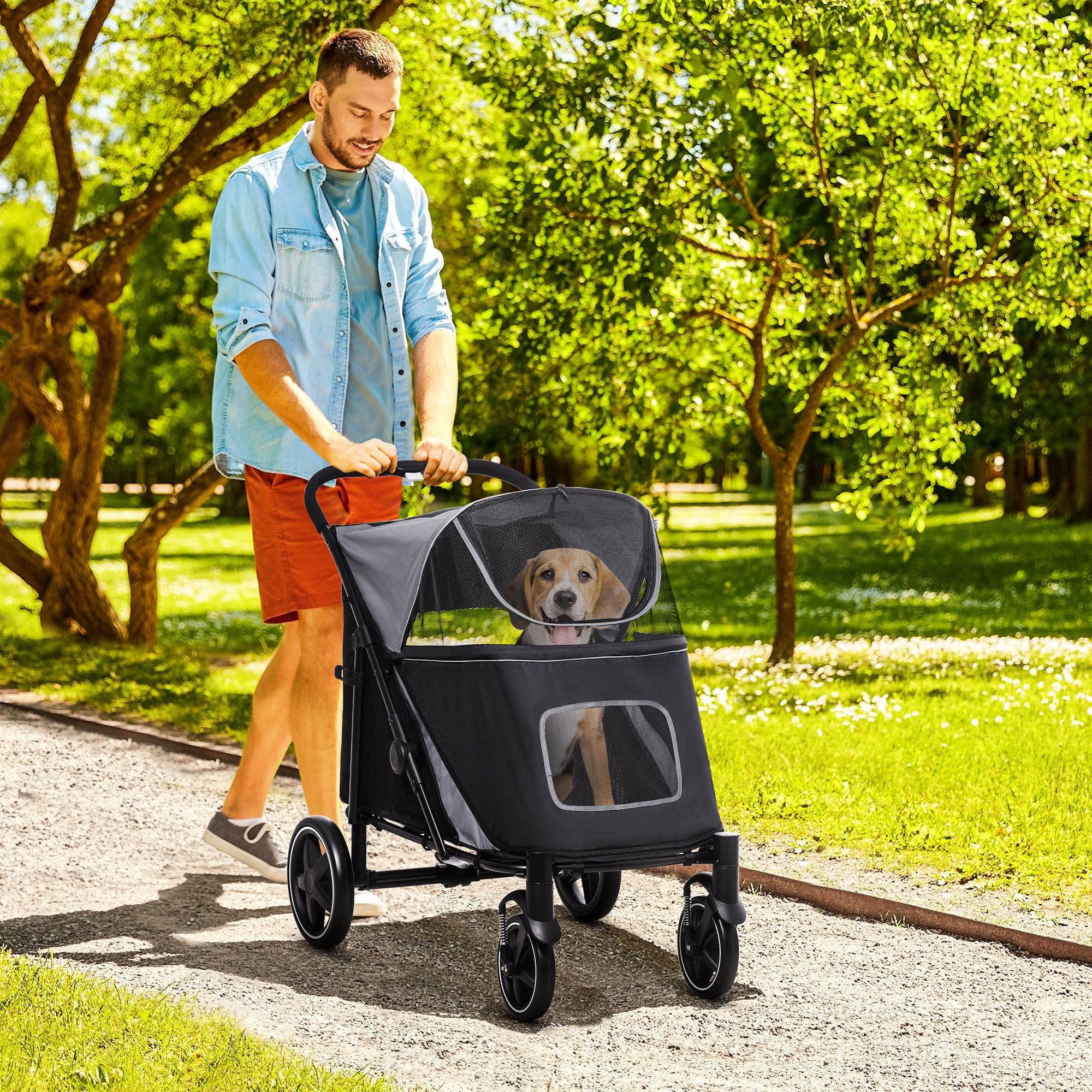 One-Click Foldable Doggy Stroller for Medium Large Dogs, Pet Stroller with Storage, Smooth Ride with Shock Absorption, Mesh Window, Safety Leash, Big Dog Walking Stroller, Gray