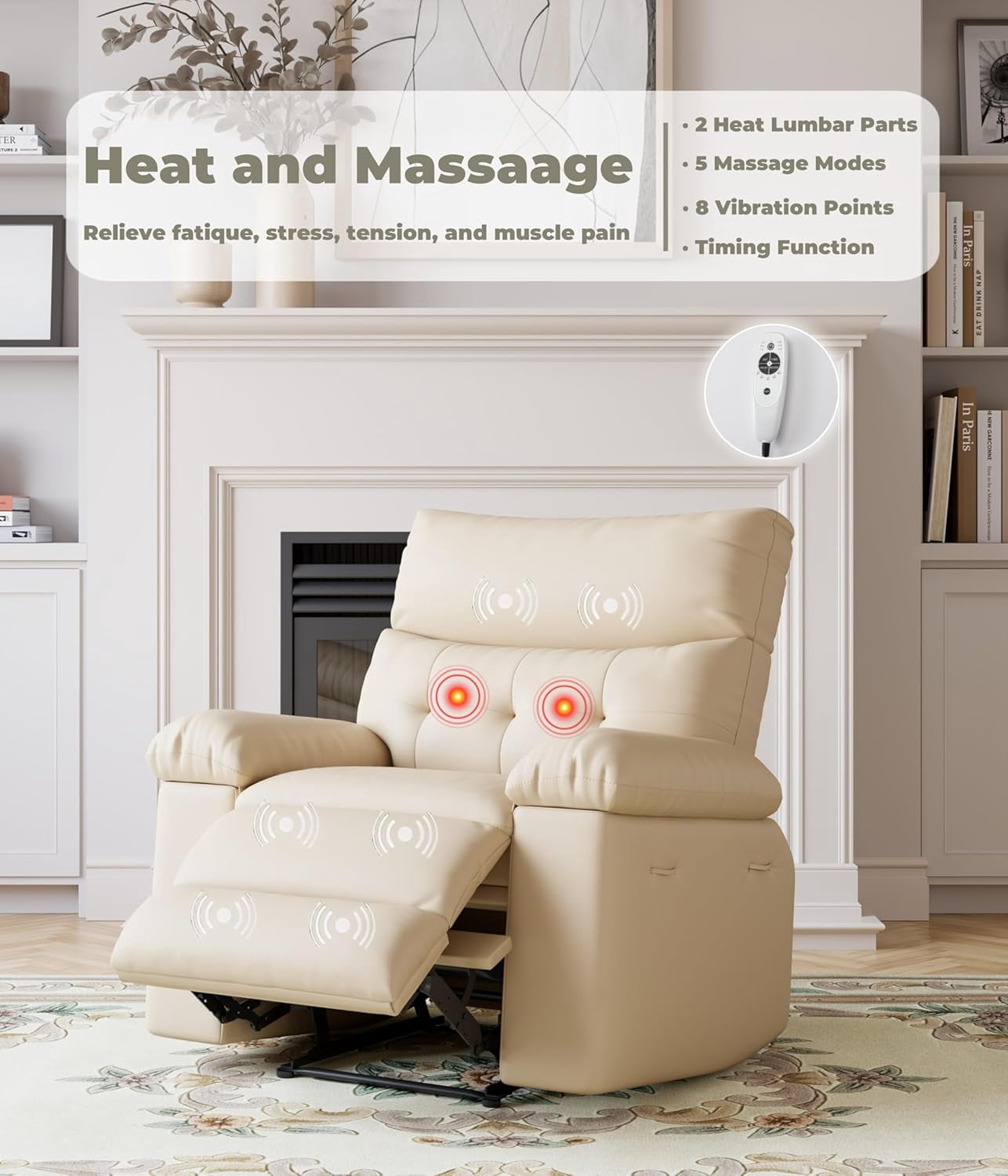 Oversized Wide Recliner Chair - Heat and Massage, PU Leather Extra Wide Manual Recliner for Adults, Large Lazy Chair with 1.5X Sponge Comfort Arm and Back for Living Room, Bedroom