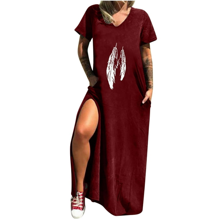 pstuiky Summer Dresses for Women 2024, T-Shirt Dress for Women Casual Loose  Pockets Short Sleeve Dress Print One Side Slits V-Neck Floor-Length Dress