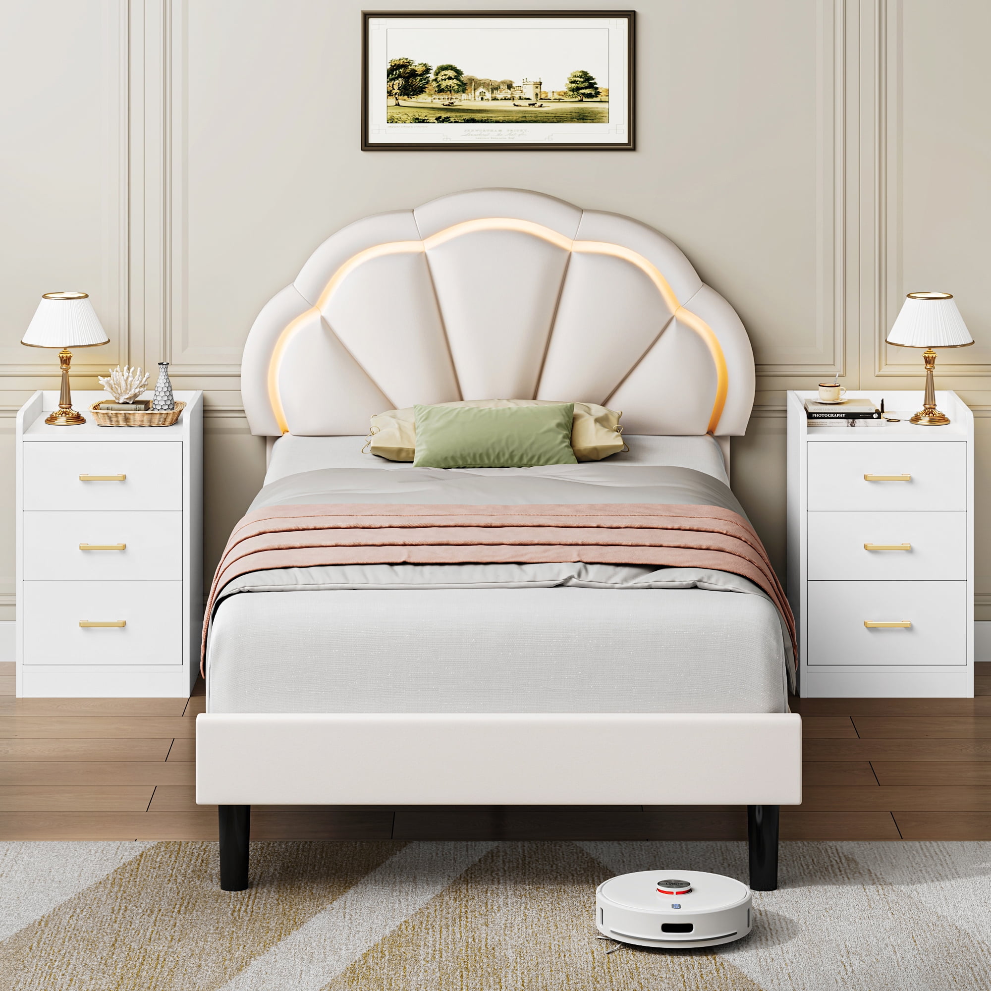 Homfa 2 Pcs White Nightstand for Bedroom, Storage Cabinet with Charging Station and 3 Drawers, Modern Sofa Table for Living Room