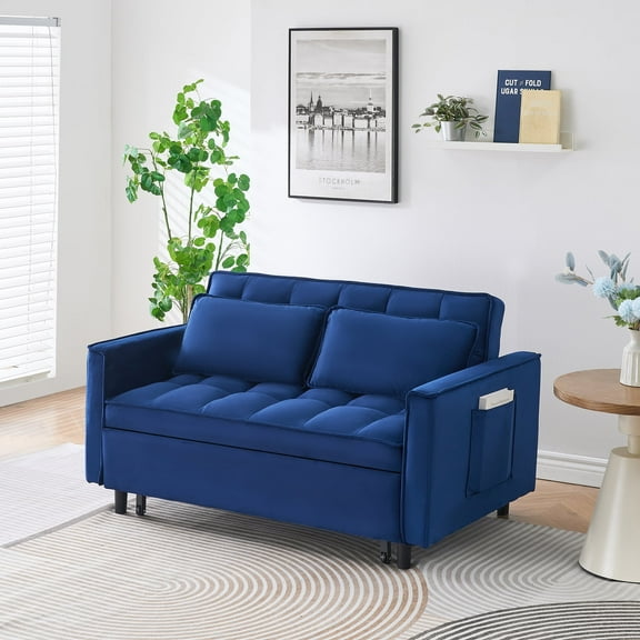 Modern Velvet 3-in-1 Convertible Sleeper Sofa Bed, Pull-Out Loveseat Couch with Backrest, Pillow, and Side Pockets, Small Space-Saving Sofa for Living Room, Apartment, or Guest Room (Blue)