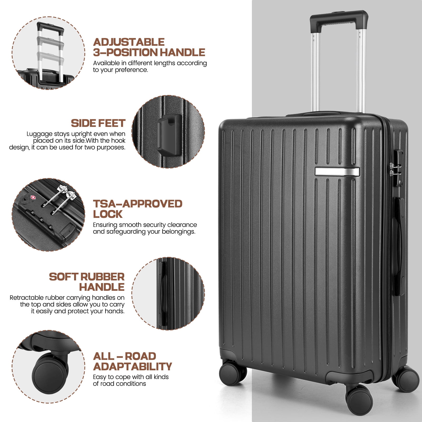 HOTEEL 3 Piece Carry on Luggage Set 20in Suitcase with Spinner Wheels TSA Lock, PC ABS Hardside Luggage Set with Toiletry Bag & Travel Duffel Bag, Black