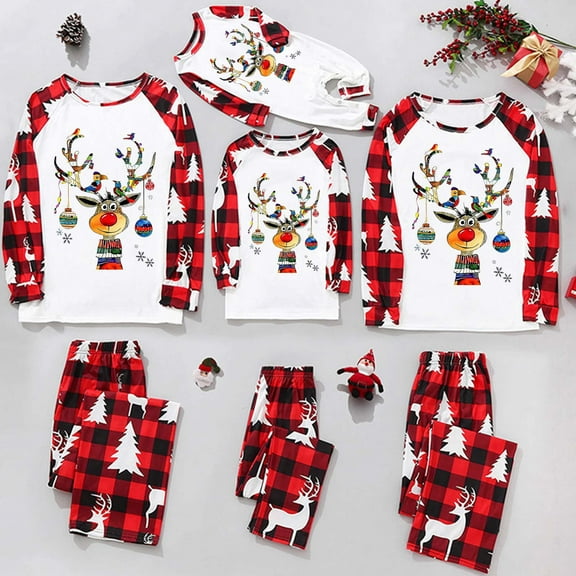 Odeerbi Christmas Pajamas for Family Holiday Long Sleeve Family Christmas Pajamas Matching Sets Mom Parent Child Printed Loungewear Set Two-Piece Sleepwear Xmas Family Matching PJs Set Red