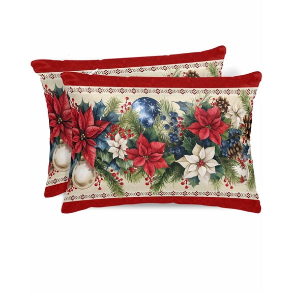 Hokiten Pillow Cases Queen Size Set of 2, Couch Pillow Covers, Red Christmas Satin Pillowcases with Zipper for Hair/Skin, Pillow Protector Cover, Xmas Botanical Poinsettia Blue Balls 20x30 Inches