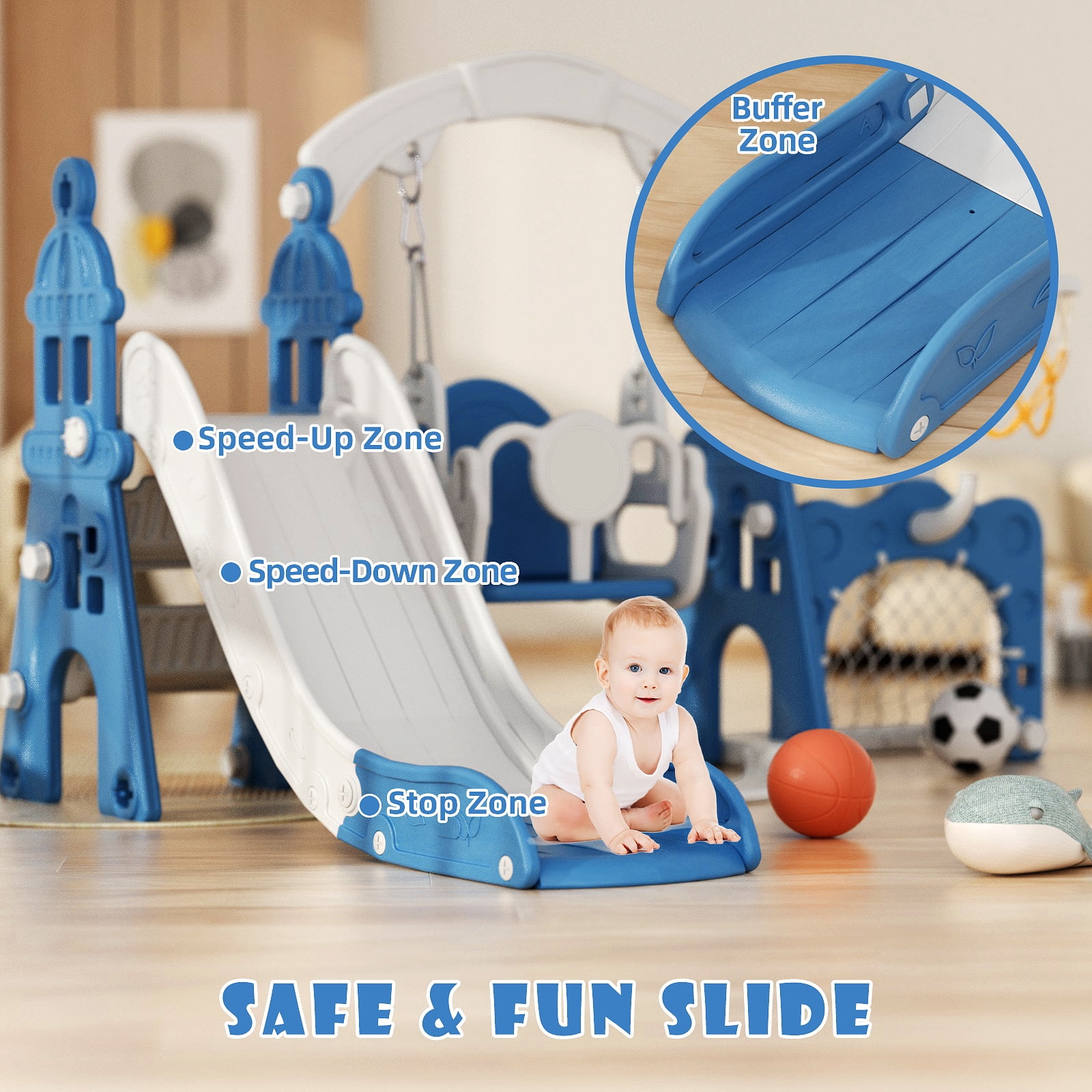 XJD 5 in 1 Kids Slide for Toddlers Age 1-3 Slide and Swing Set Climber for Children Baby Indoor Outdoor, Basketball Hoop, Football Gate, Playsets Playground Sets for Backyards, Blue