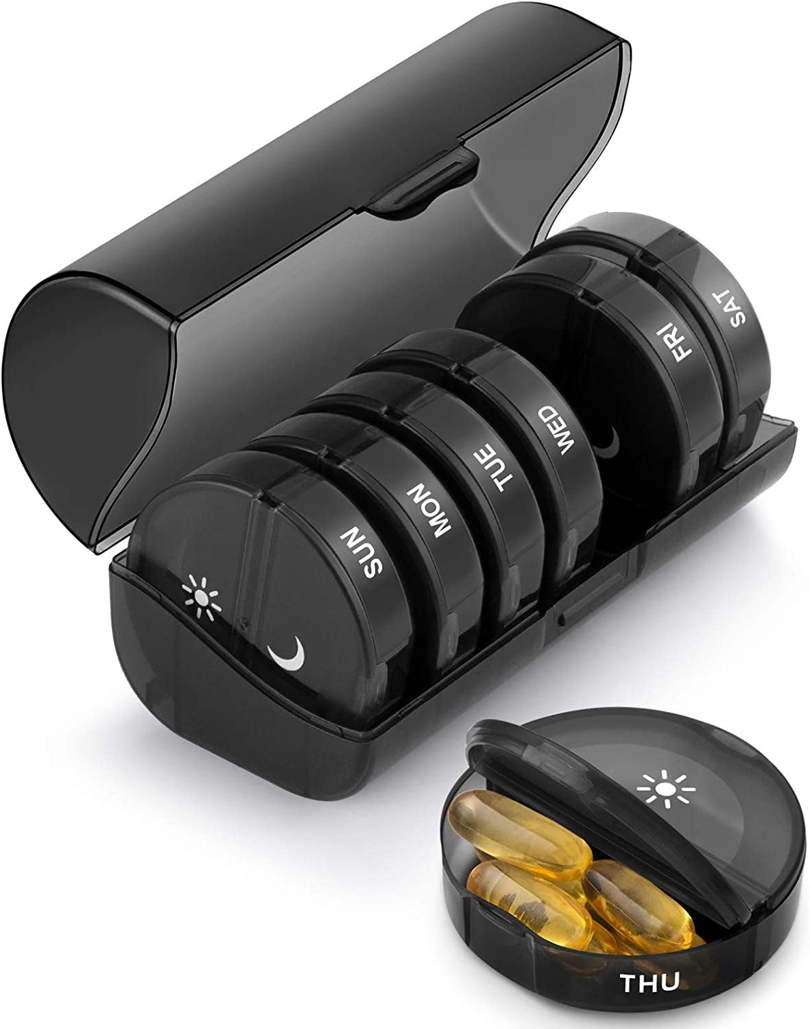 Weekly Pill Organizer Morning and Evening, 7 Day Round Pill Organizer 14 Compartments Multicolor Pillbox Weekly Pill Organizer - Twice A Day Medication Dispenser (French - Black)