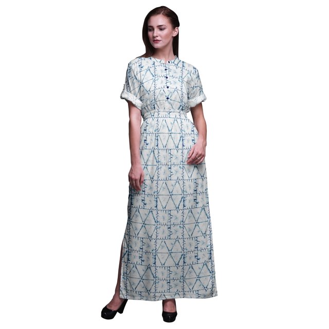 Bimba Rayon Geometric Shibori Printed Womens Long MaxiDressGown With Side Slit-Small
