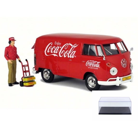 Diecast Car & Display Case Package - 1963 Volkswagen T1 Coca Cola Cargo Van with Delivery Driver, Red - Motorcity Classics 424062 - 1/24 Scale Diecast Model Toy Car w/Display Case