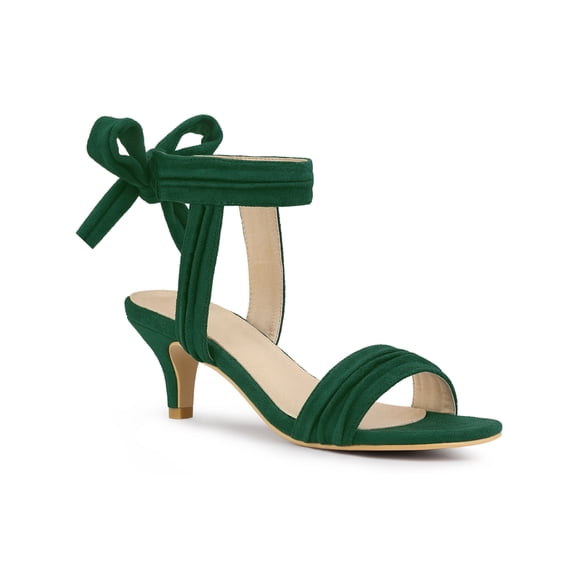 BLISSFUL STEP Women Open Toe Ankle Bow Tie Mid Heels Sandals Dark Green 8